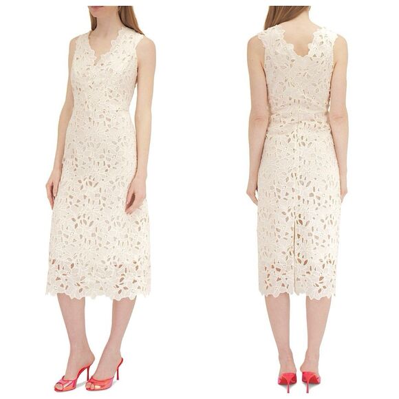 Vince Dresses & Skirts - Vince Nouveau Cotton Lace Midi Dress Sz 12 Cream V-Neck Sleeveless